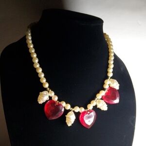 Vintage Faux Pearl and Plastic Red Hearts Necklace.